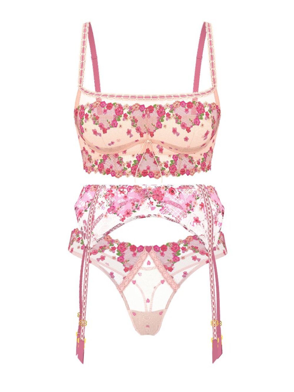 Victoria's Secret Dream Angels Pink Hearts & Roses Embroidery Bra Top 3 Pc Set L